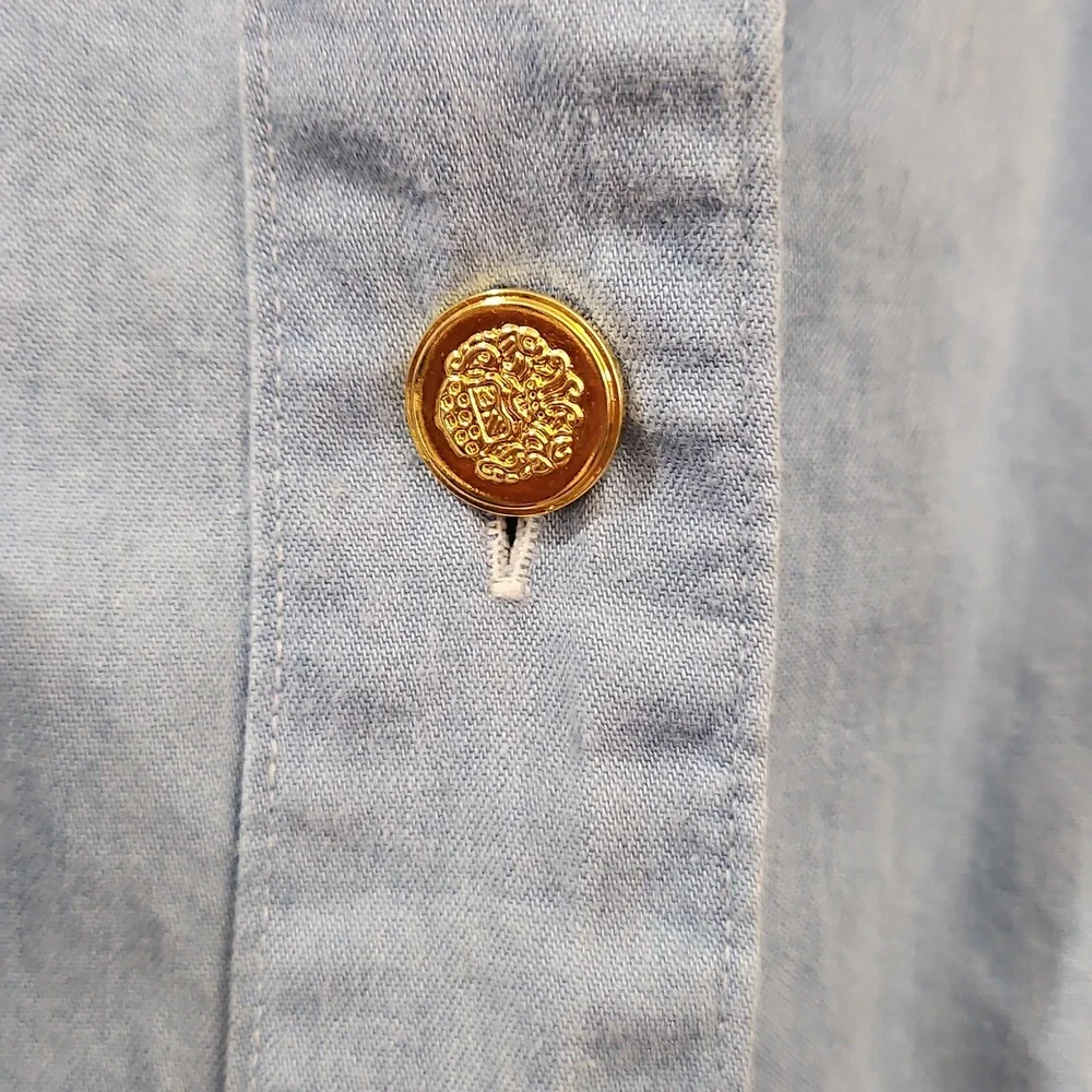 Talbots Blue Cotton Blouse With Gold Buttons Sz M